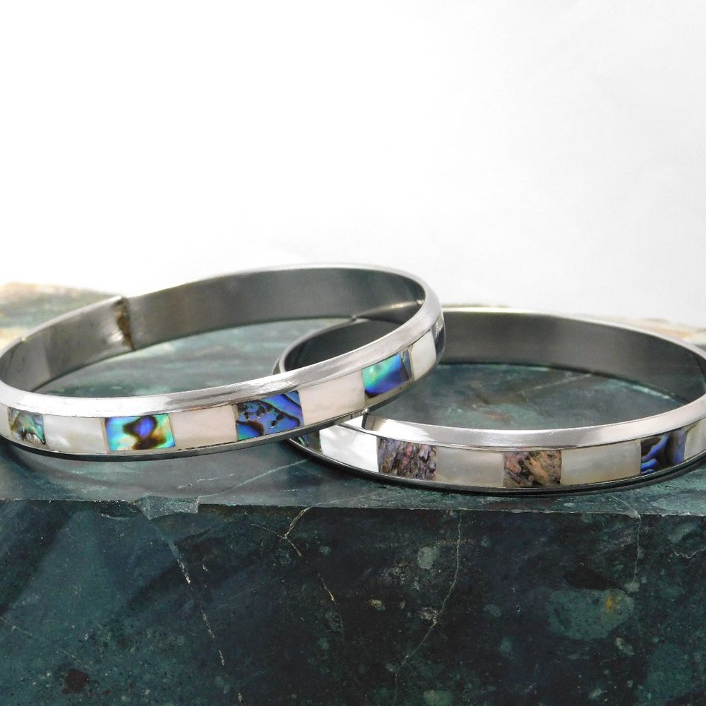 SOLD-----Mexican Bangle Bracelets Silver Abalone Shell MOP 7-3/4" Lot of 2 Y04